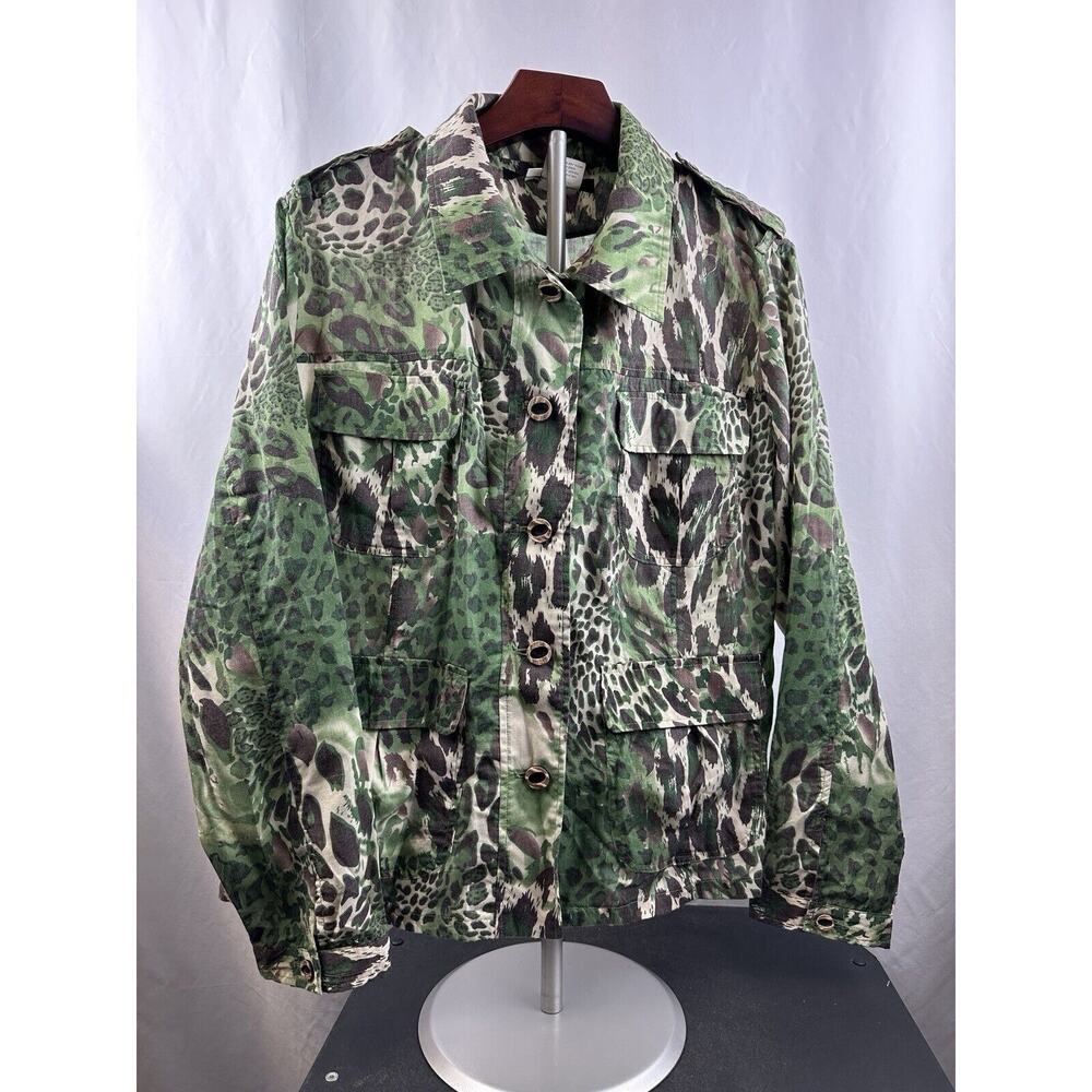 Vintage Script Women’s Green Animal Print Button Down Blouse W/ Pockets Size 14